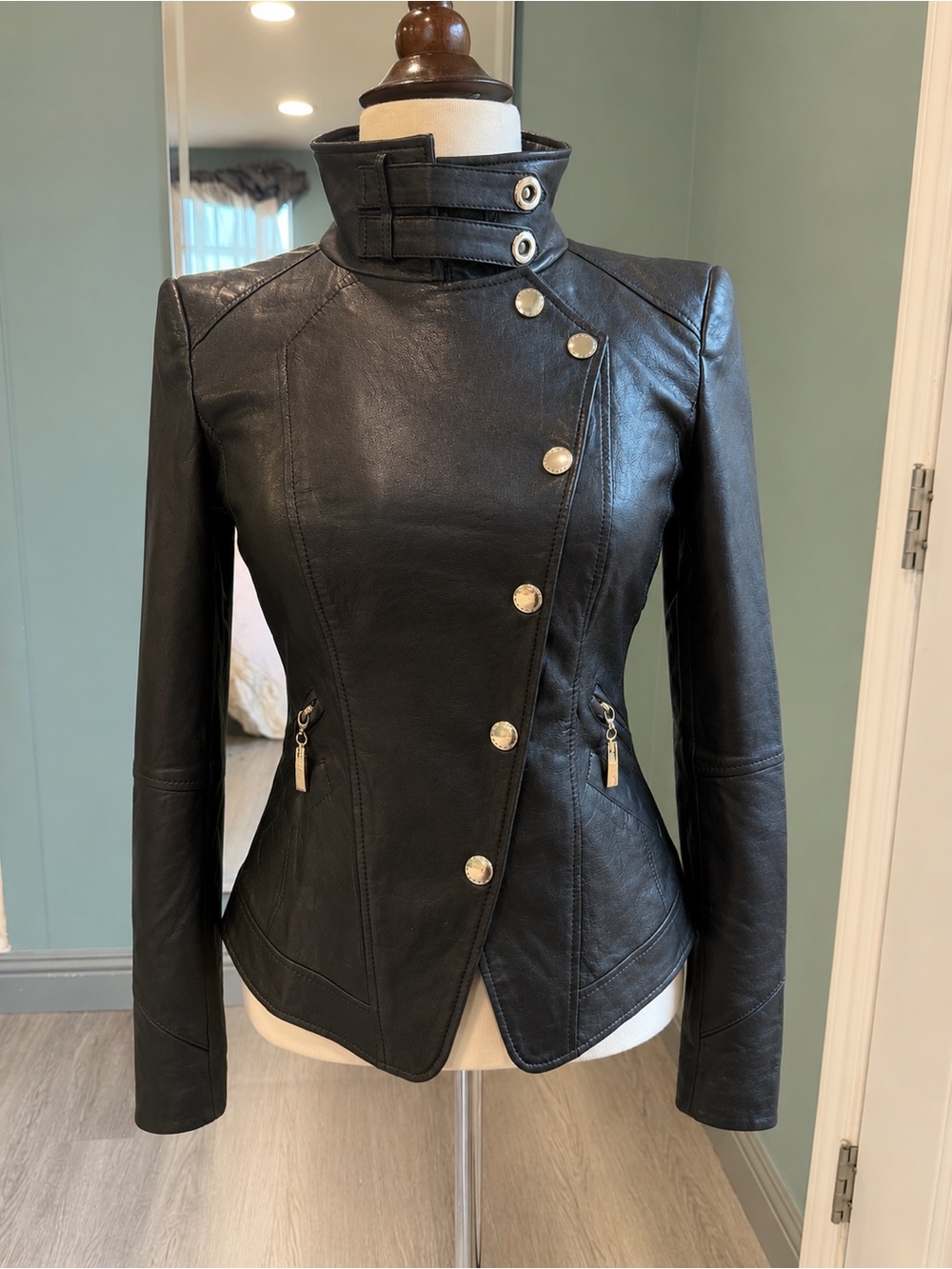 Vintage Vero Moda Genuine Lamb Leather Moto Jacket Black Multi-Way Collar S